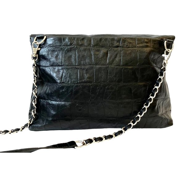 Nicole Miller Black Embossed PVC Leather Croc Zip Crossbody Bag Shoulder Purse - Picture 9 of 15